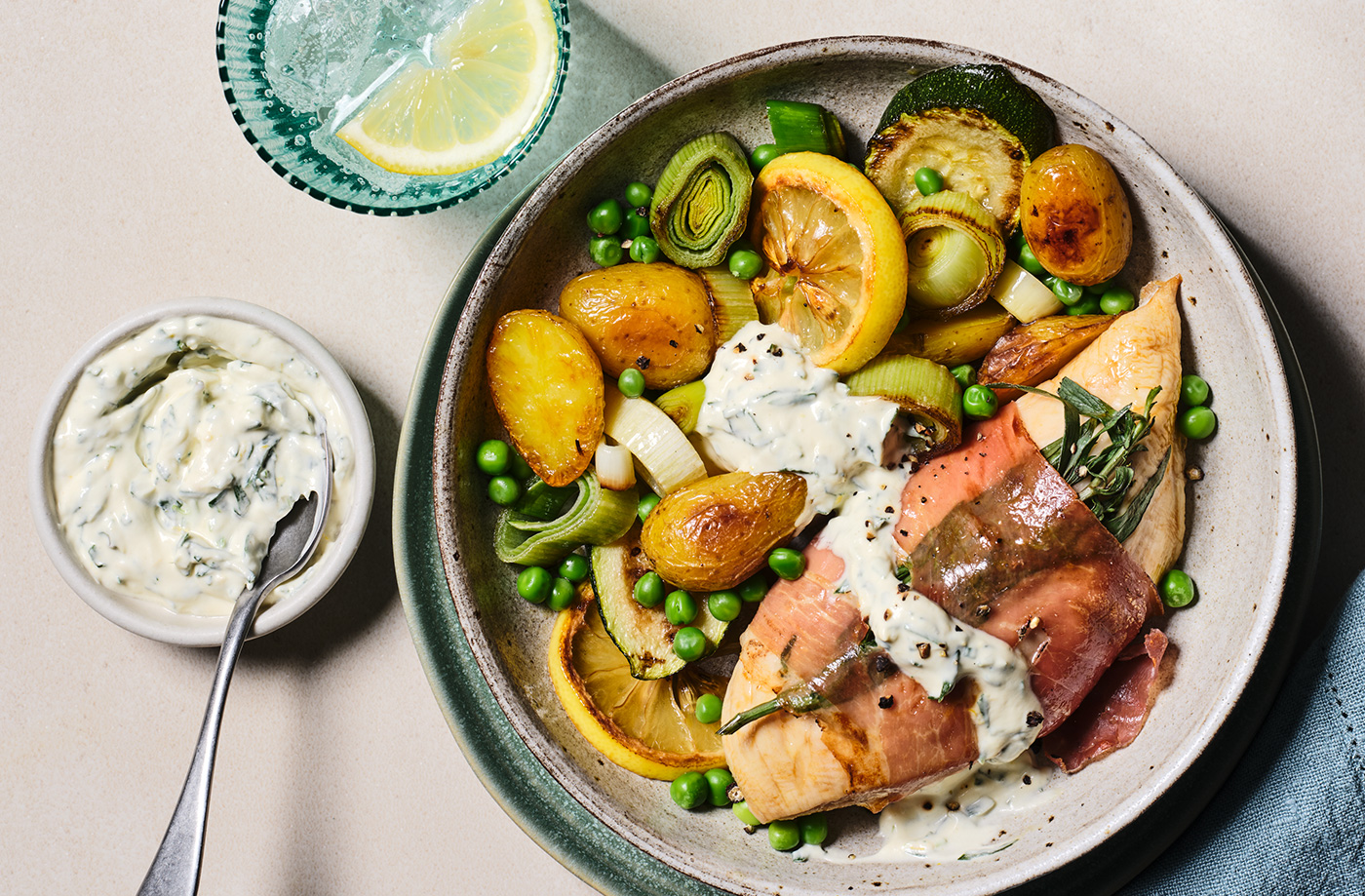 Prosciutto-wrapped chicken with spring veg recipe