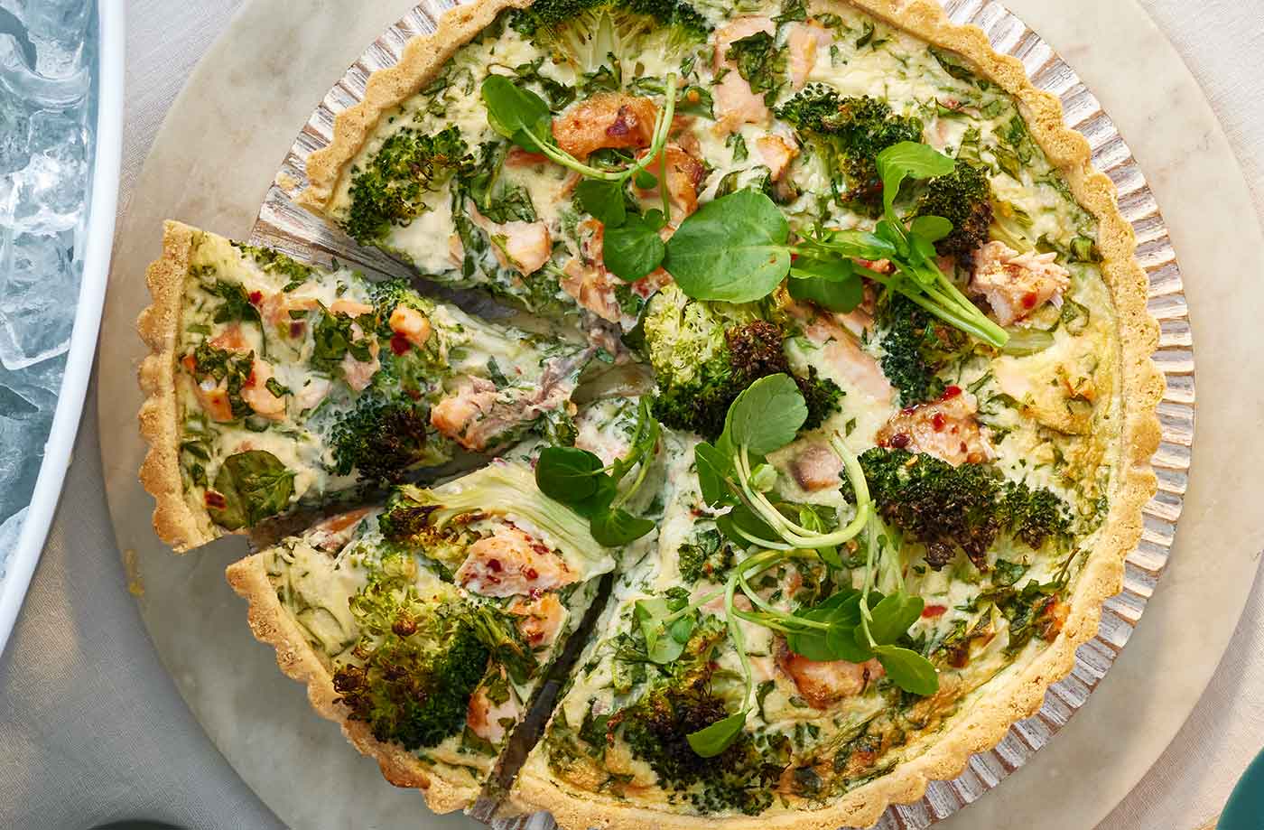 Salmon, broccoli and watercress quiche recipe