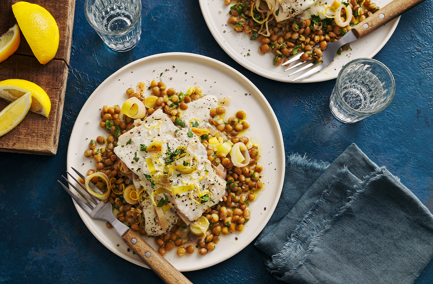 Cider-braised cod with lentils recipe