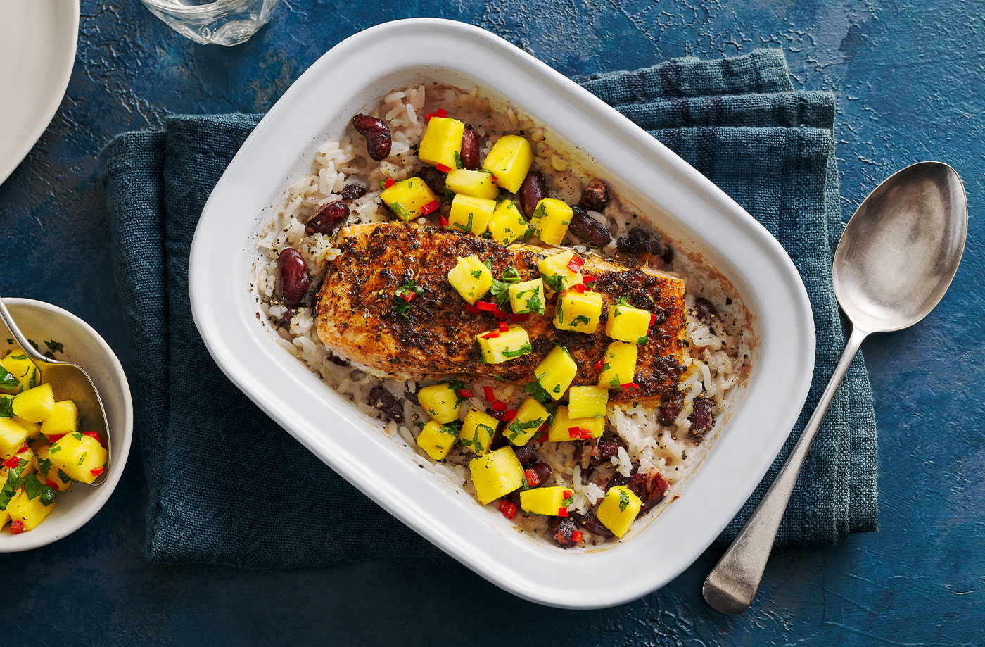 Jerk salmon traybake with rice and peas  recipe