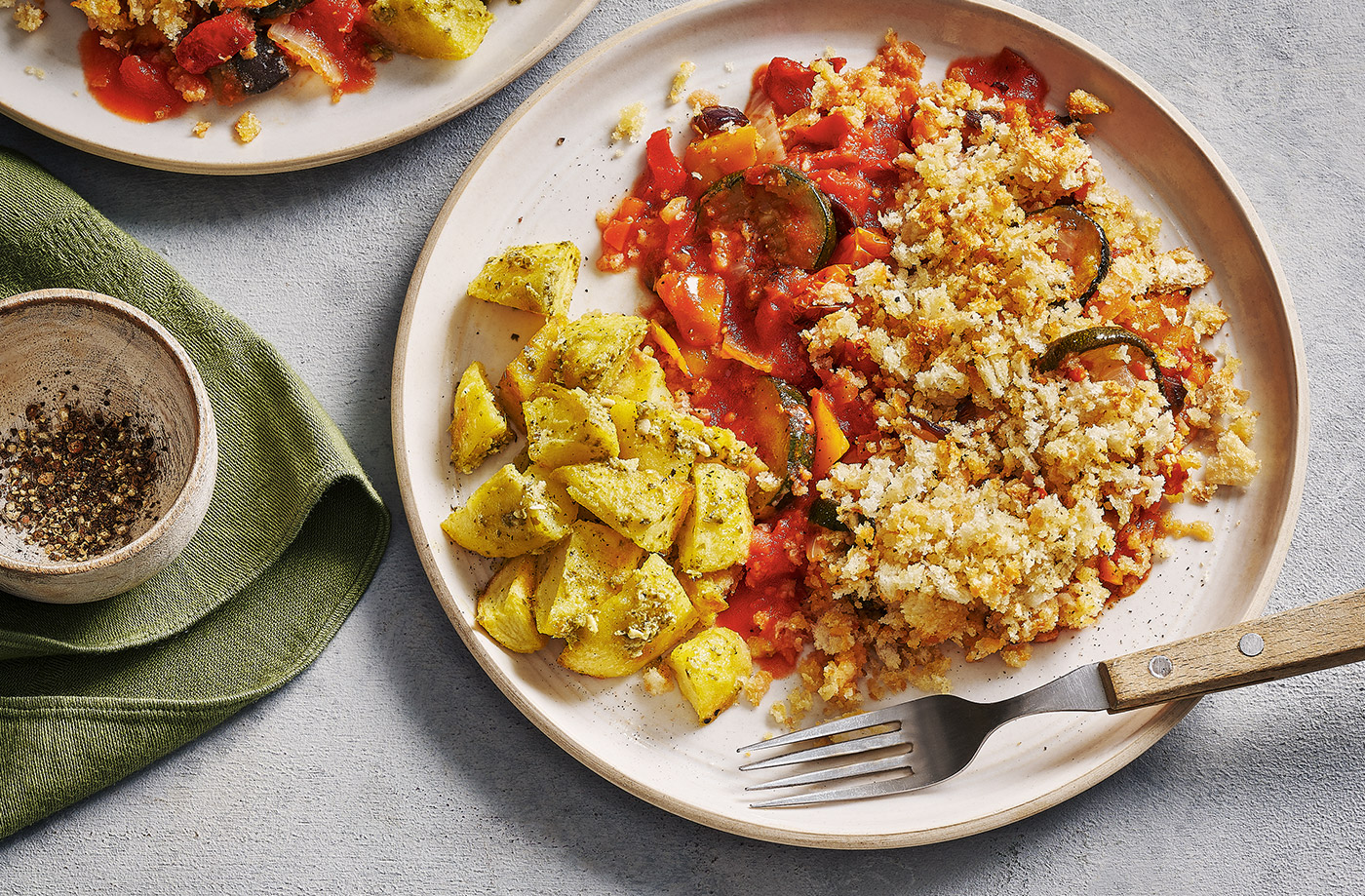 Ratatouille 'crumble' with pesto potatoes recipe