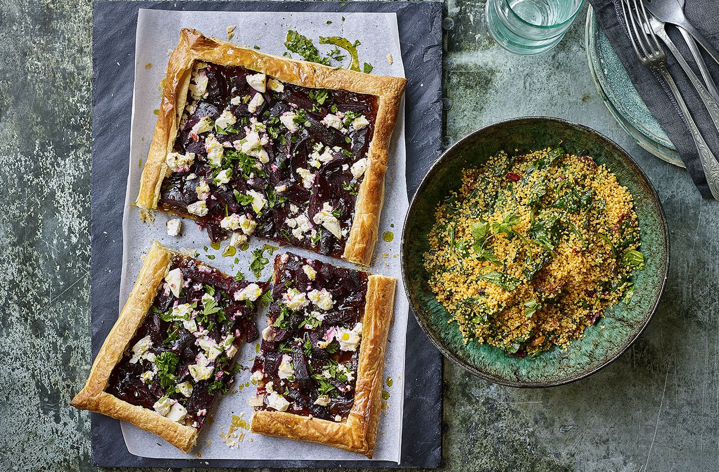 Red onion, beetroot and cheese tart recipe