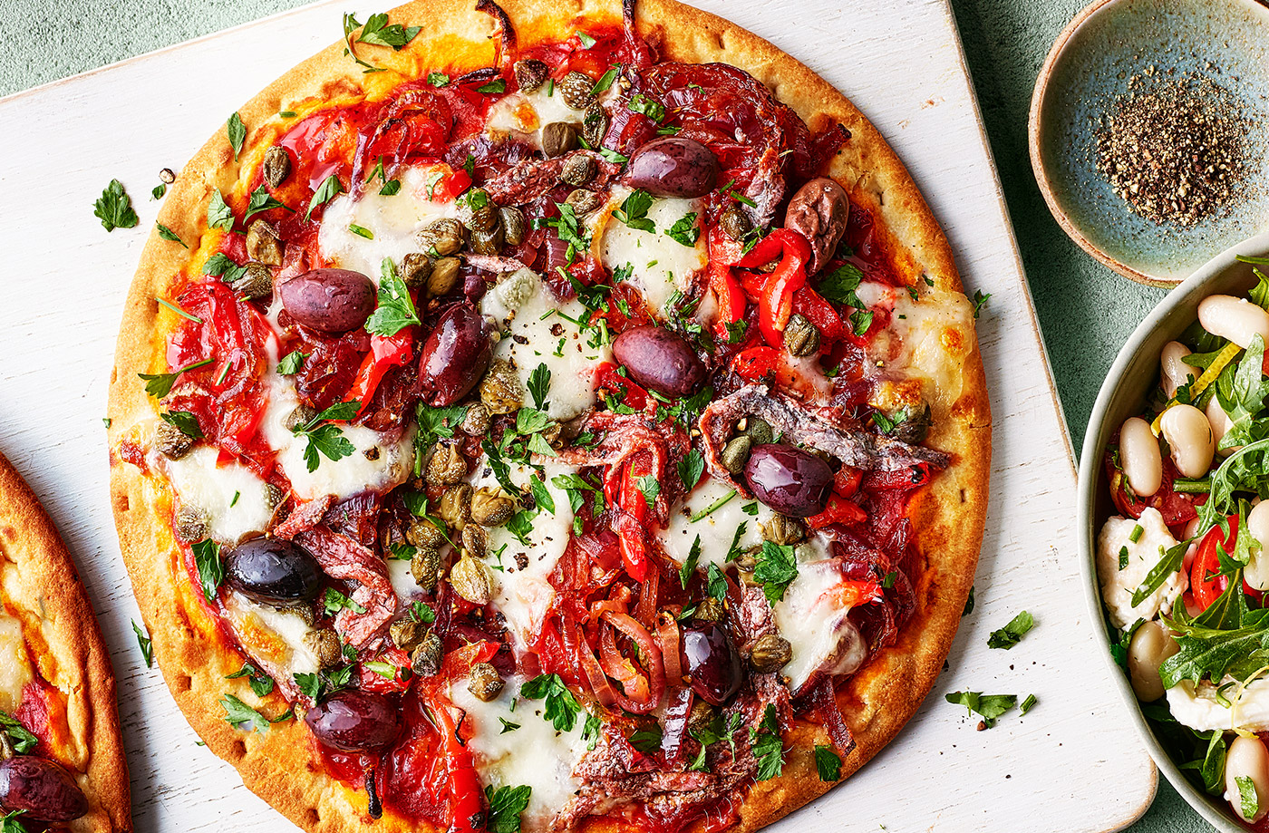 Red pepper and anchovy pizzas recipe