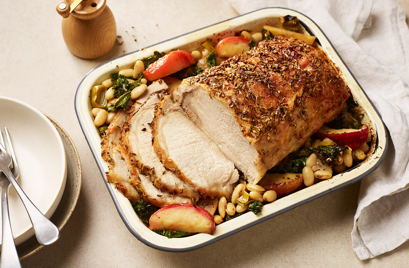 Roast pork and bean traybake recipe