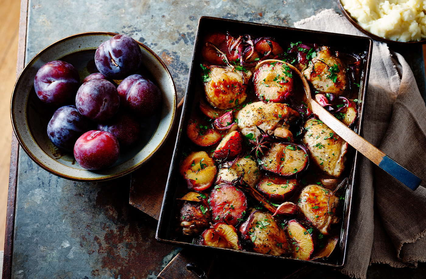 Chicken and plum traybake recipe
