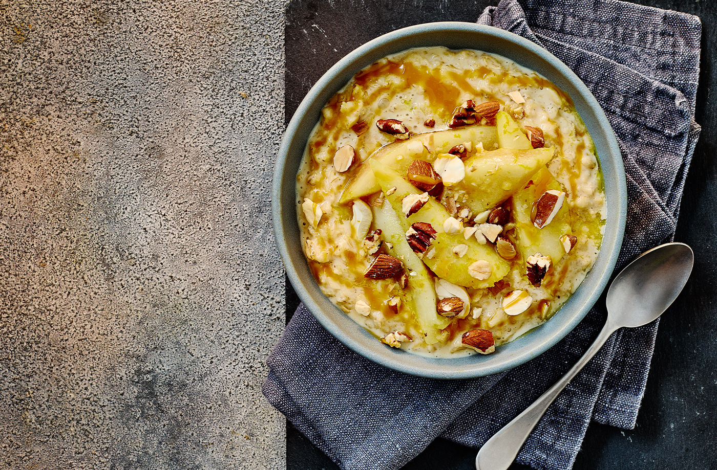 Salted caramel porridge with roasted pears recipe