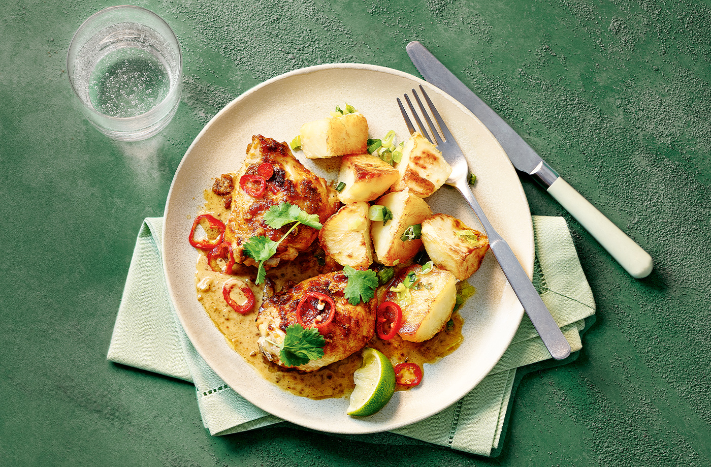 Satay chicken with spring onion roasties recipe