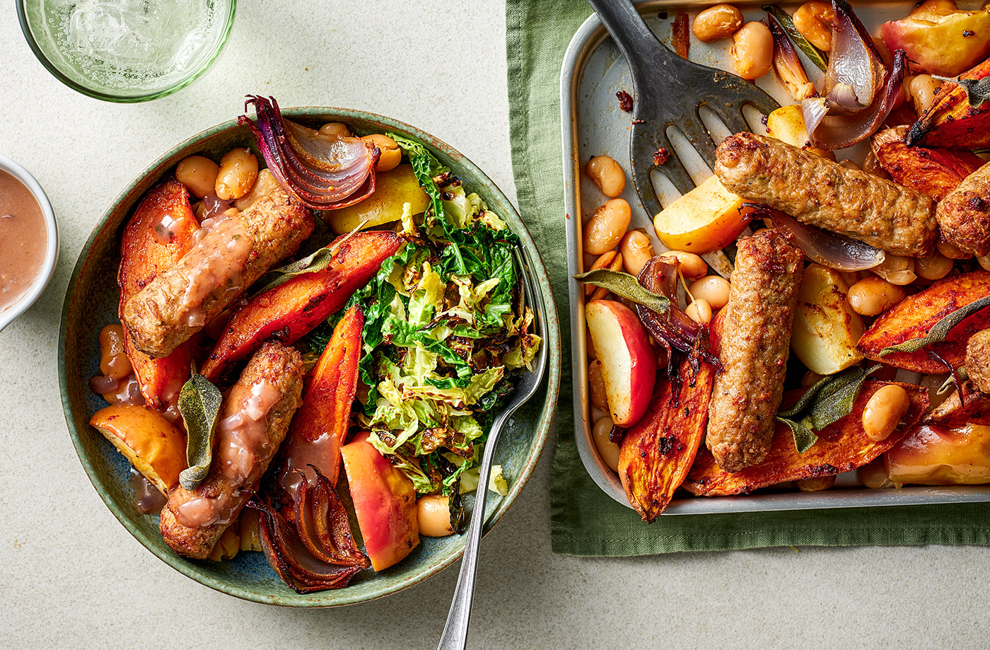 Veggie sausage, apple and sweet potato traybake recipe
