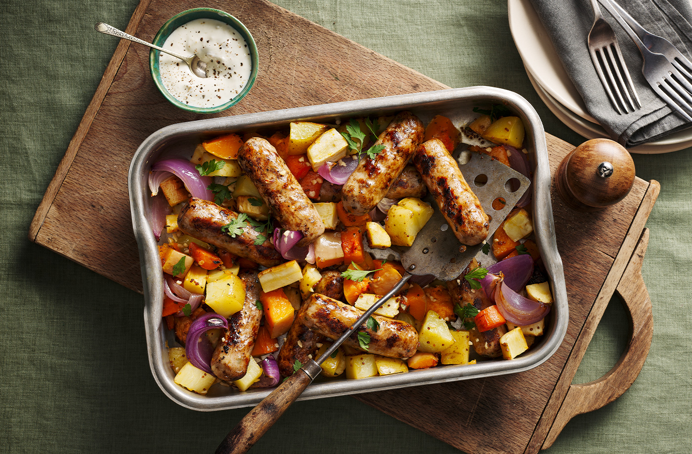 Sausage, sage and root veg traybake recipe