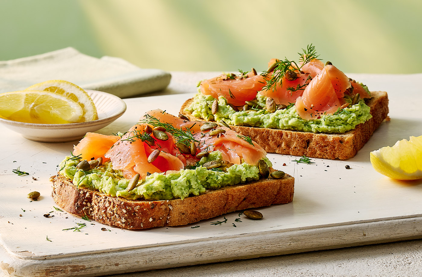 Smashed soya beans and salmon on toast recipe