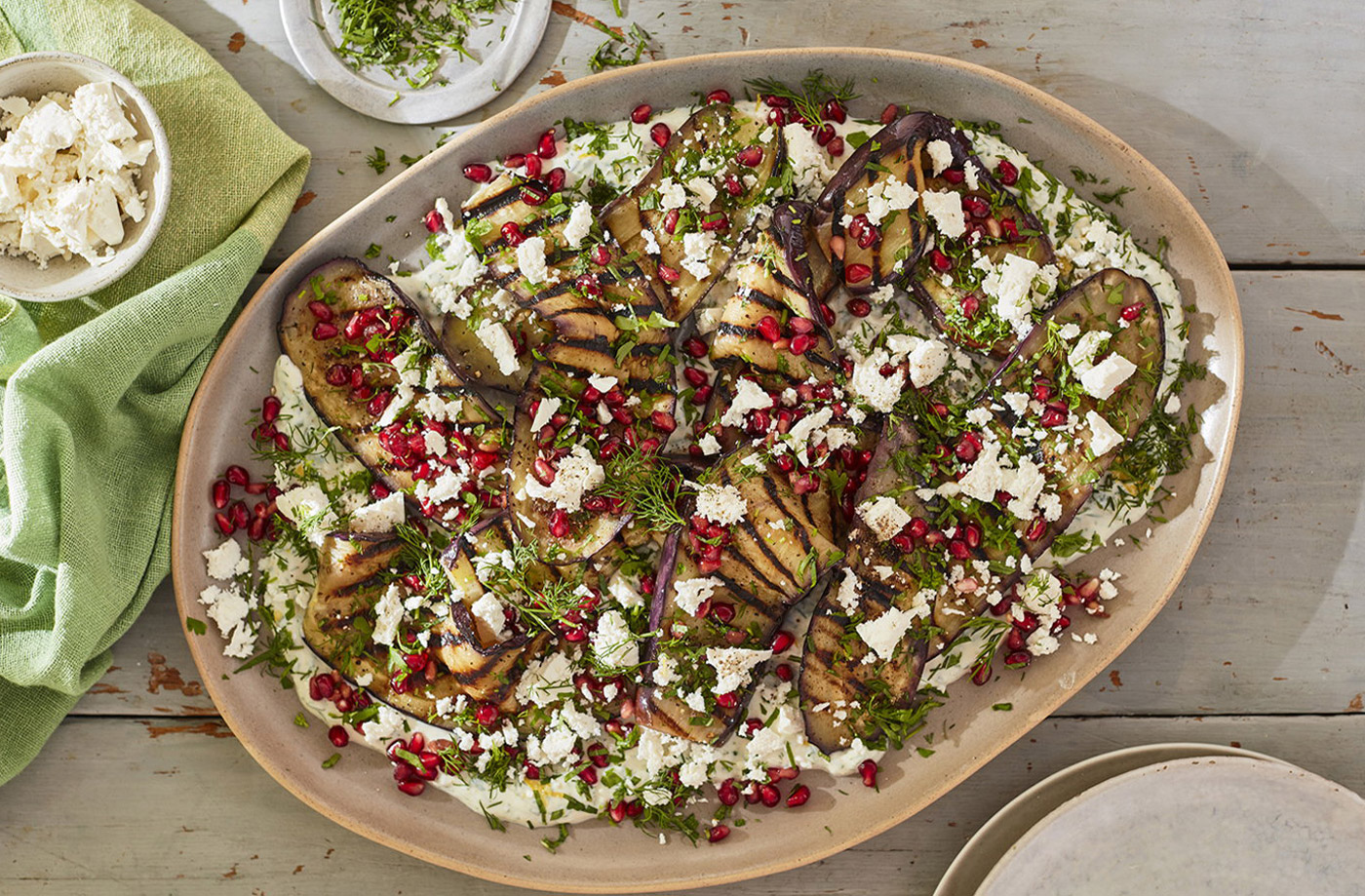 Baba ganoush aubergines with tahini yogurt and pomegranate recipe