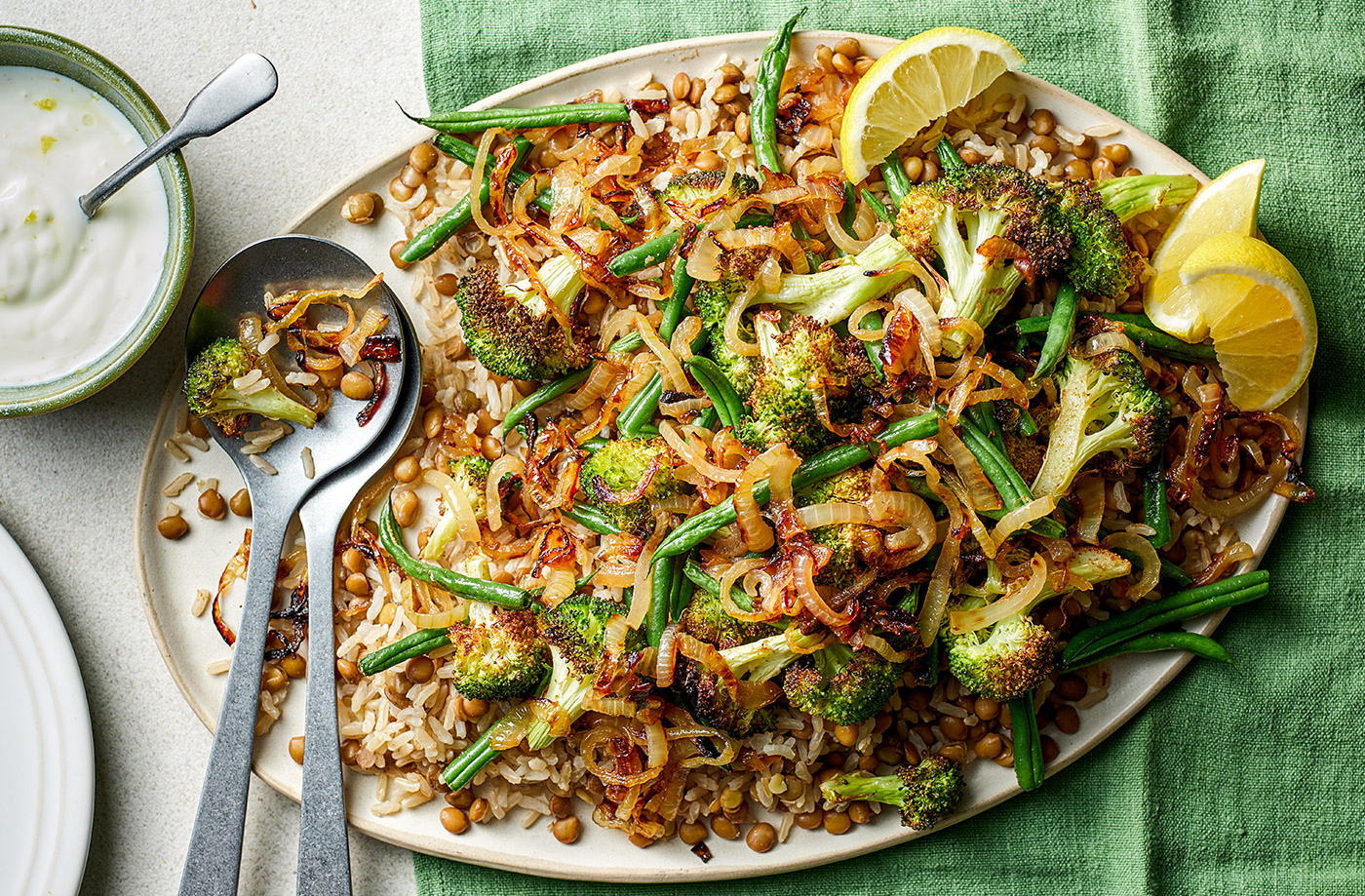 Spiced rice and charred broccoli recipe