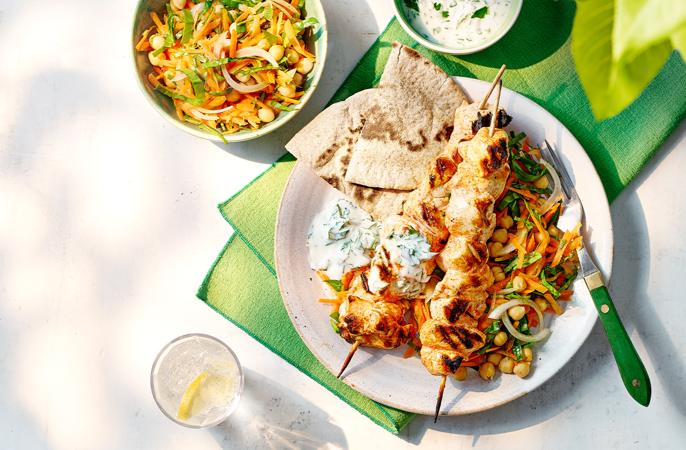 Spiced chicken skewers with chickpea salad recipe