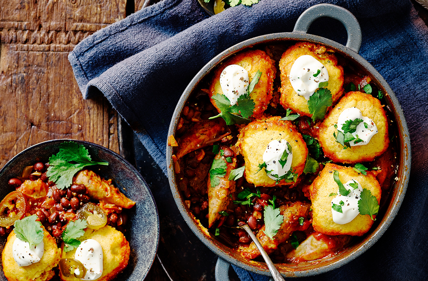 Spicy banger stew with cornbread dumplings recipe