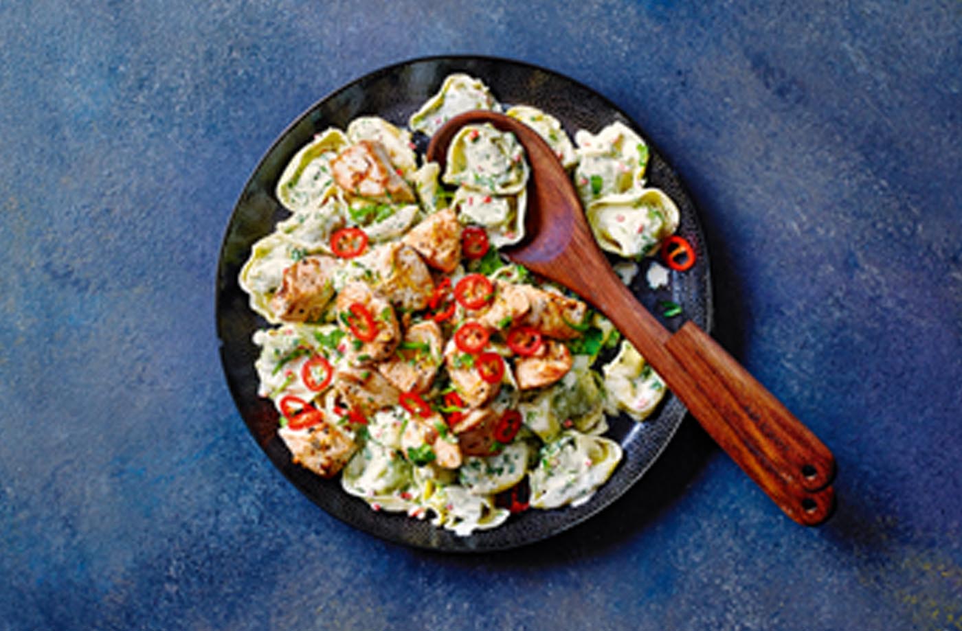 Spinach and ricotta tortelloni with spicy chicken recipe