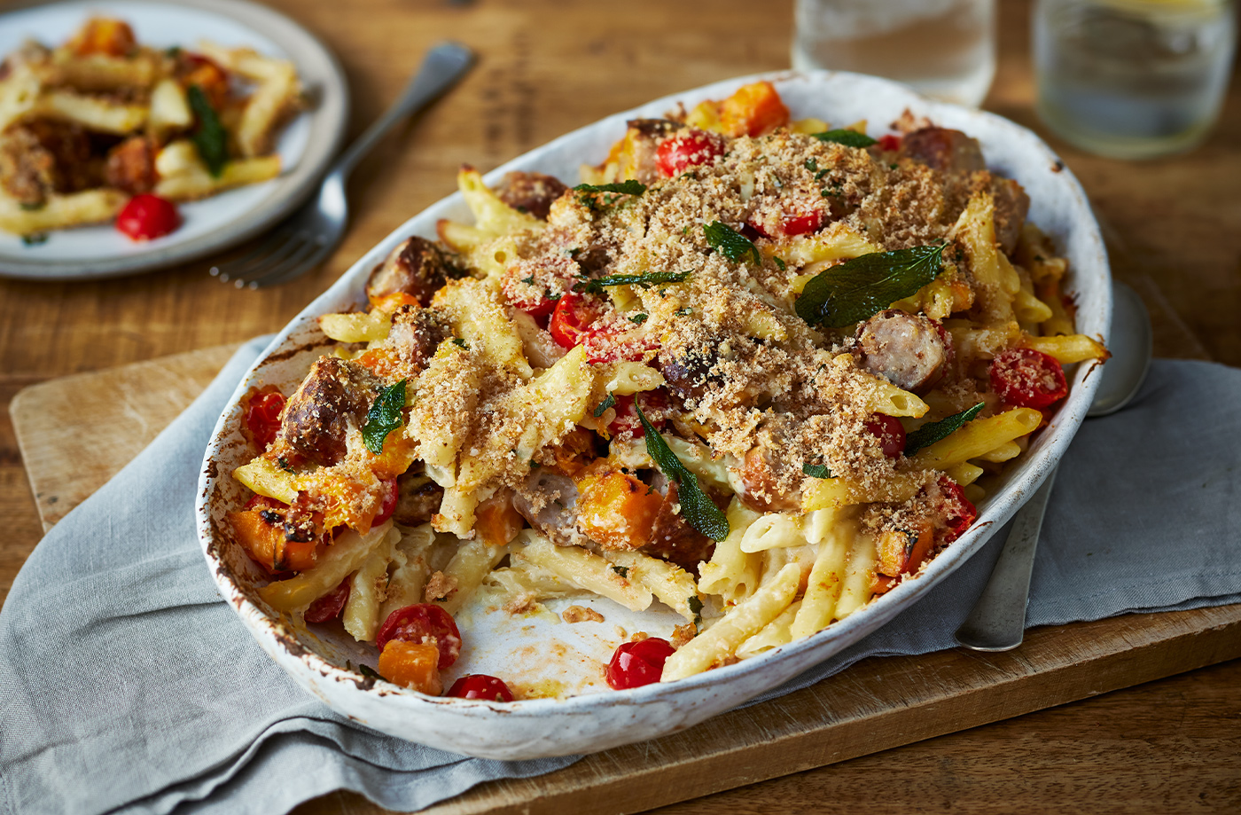 Squash, sausage and sage pasta bake recipe