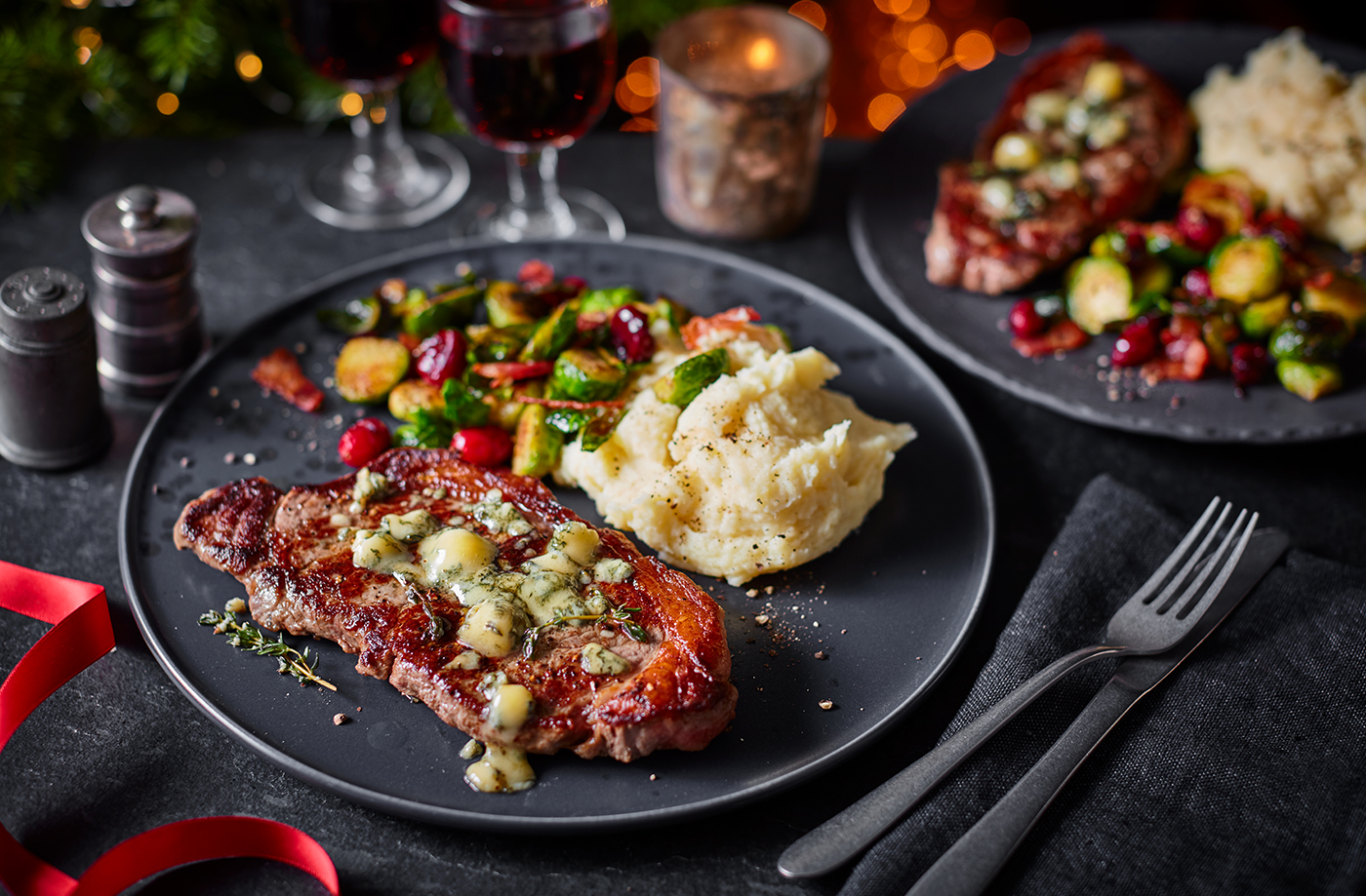 Sirloin steak with blue cheese, balsamic Brussels and horseradish mash recipe