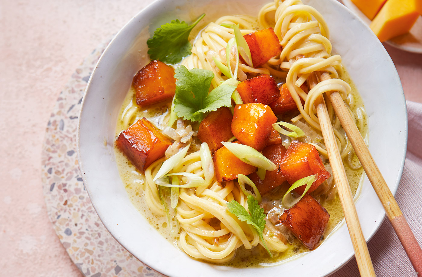 Sticky roasted squash and noodle soup recipe