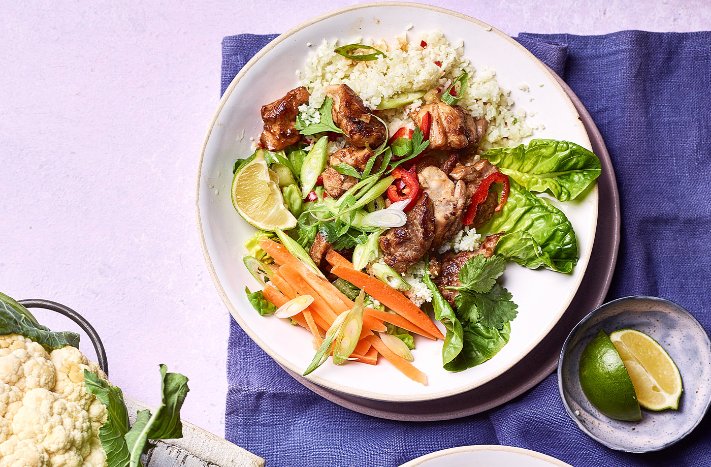 Sticky chicken and cauliflower rice bowls recipe
