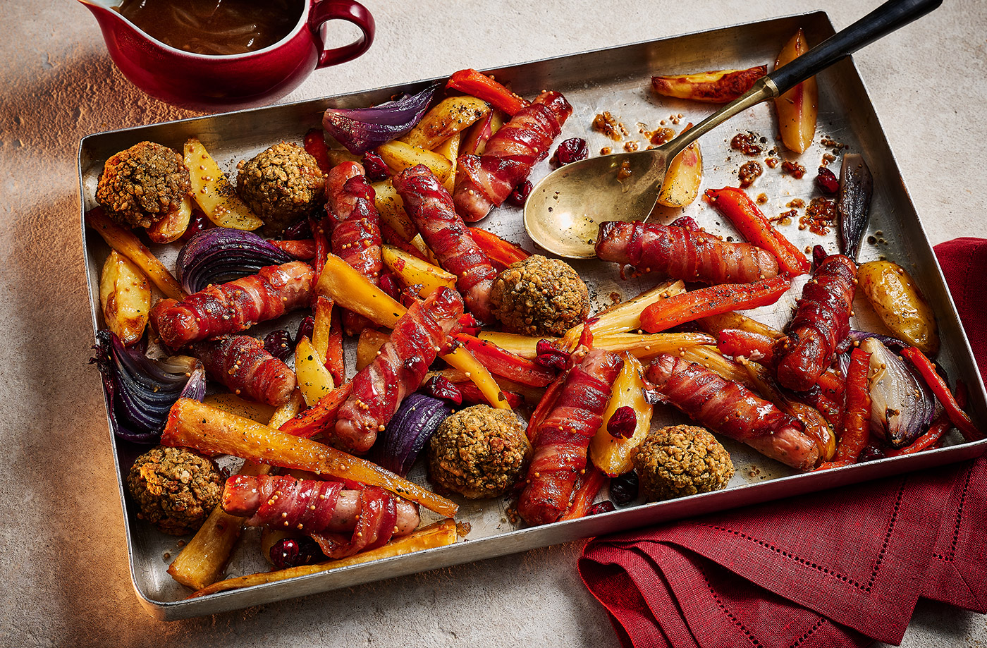 Jade Greenhalgh's sticky maple pigs in blankets traybake recipe