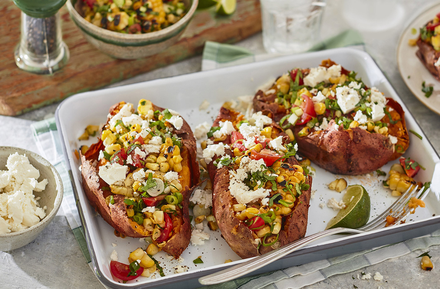 Sweet 'n' smoky jackets with corn salsa recipe
