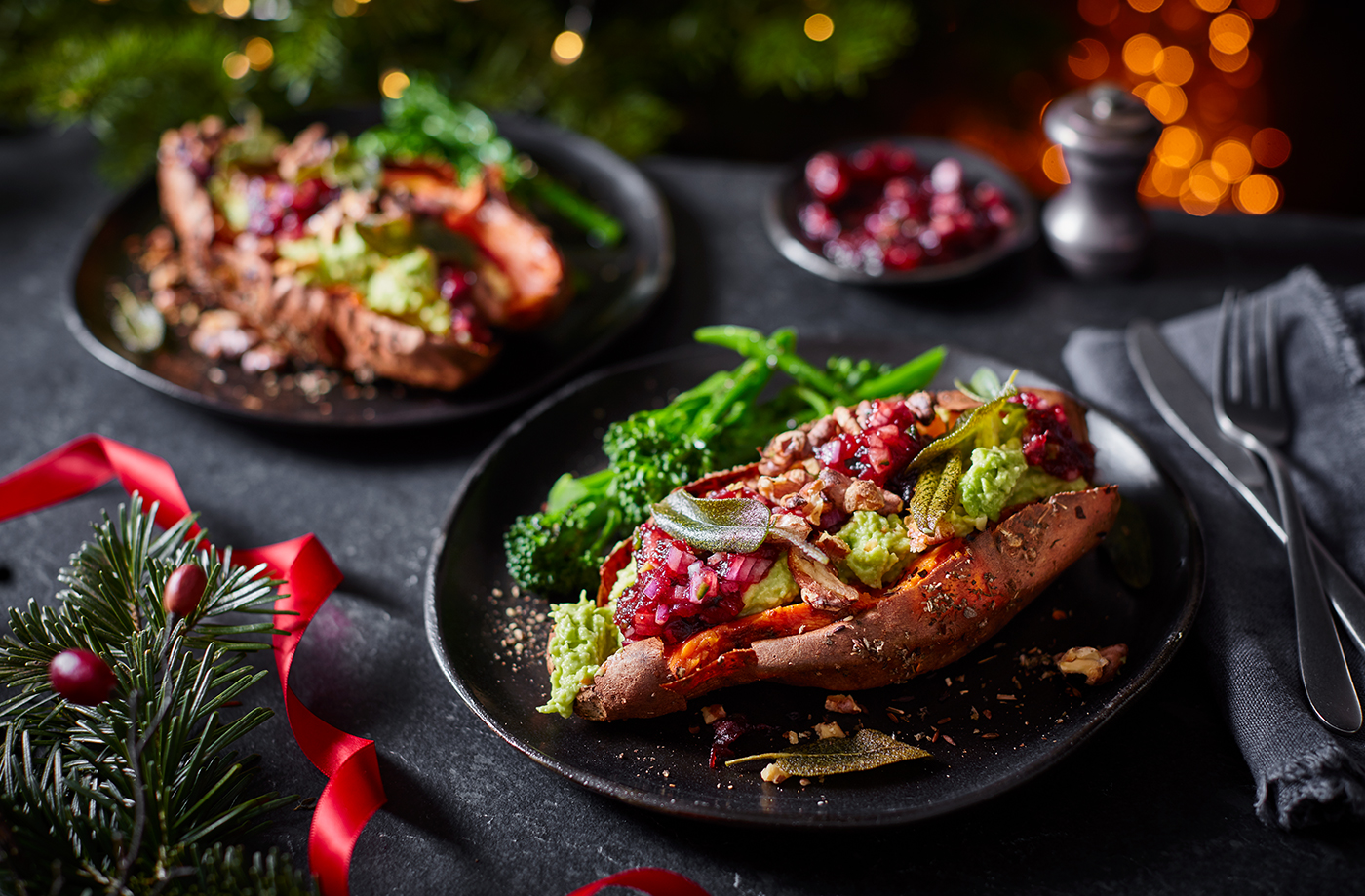 Chilli and sage baked sweet potatoes with cranberry relish recipe