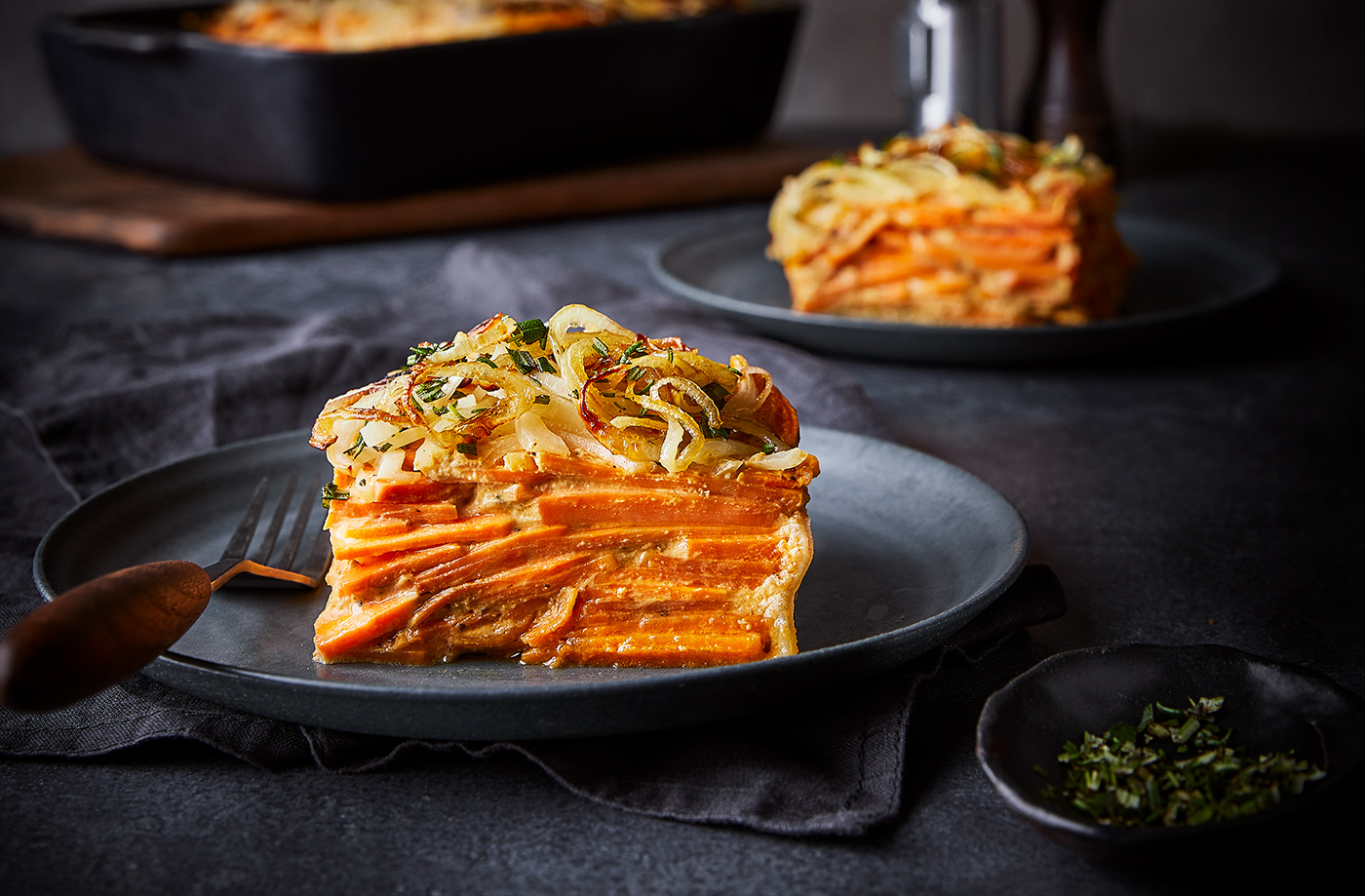 Miso sweet potato pie with crispy onions recipe