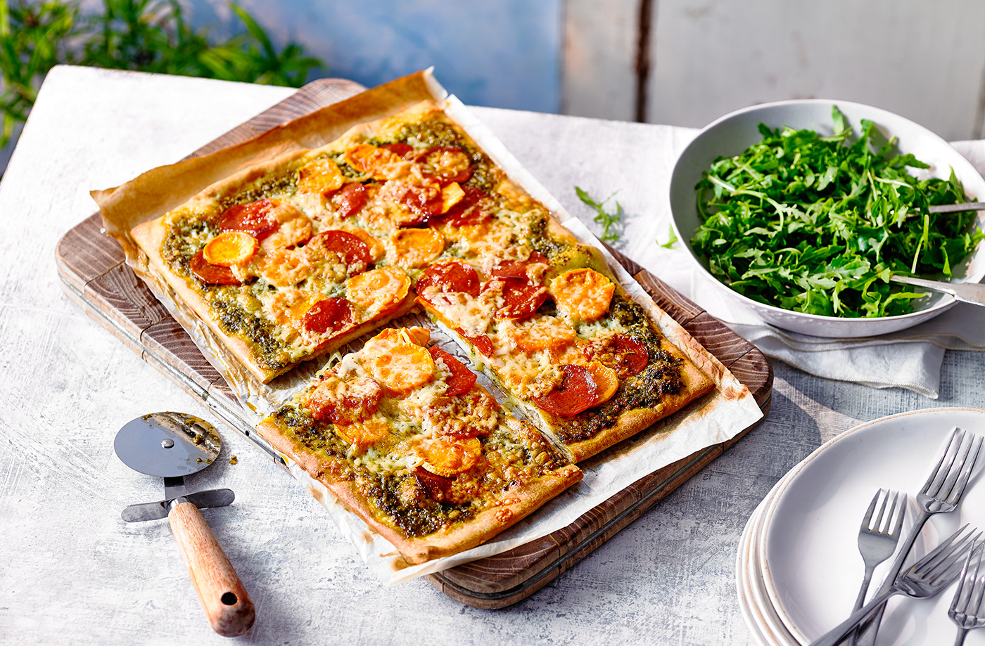 Sweet potato, pesto and pepperoni pizza recipe