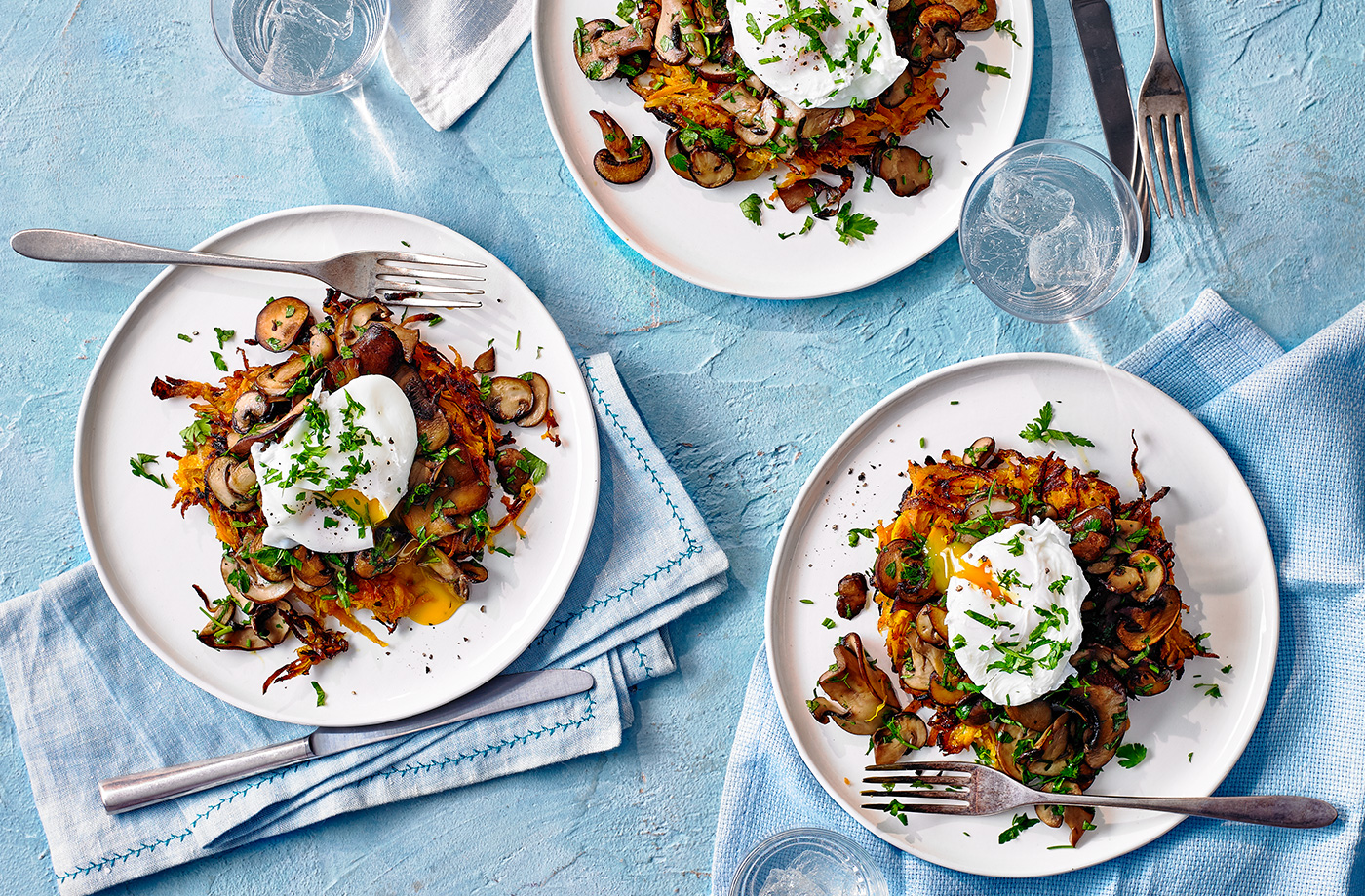 Sweet potato rosti with mushrooms and poached egg recipe