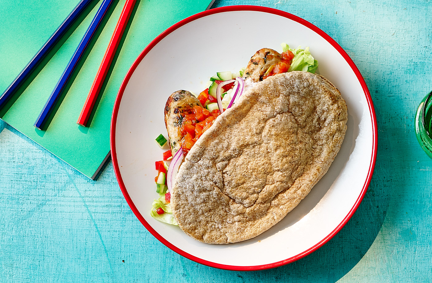 Quick turkey koftas and pitta with crunchy veggies recipe