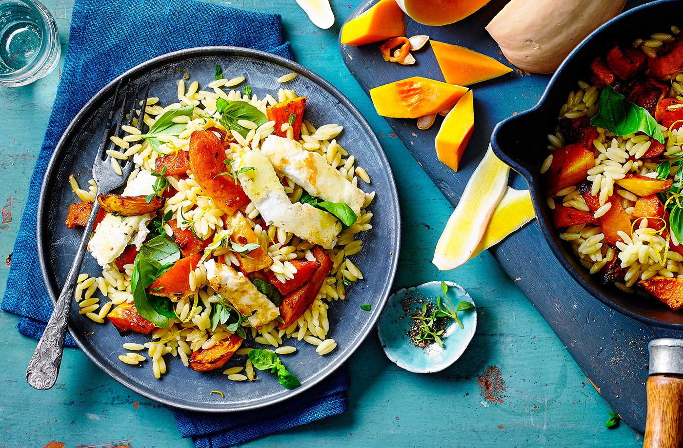 Spiced squash and orzo with crispy feta recipe