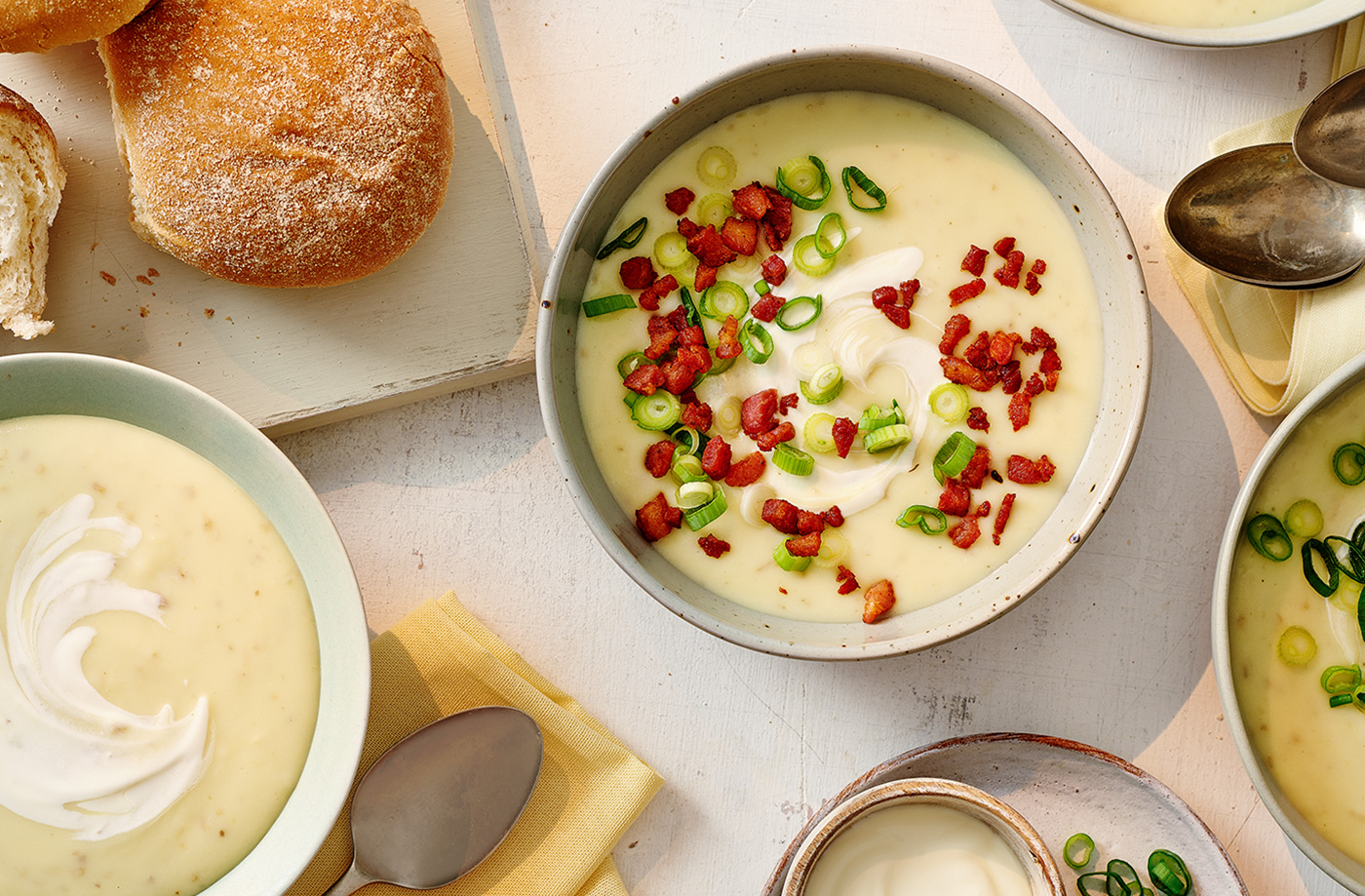 Loaded baked potato soup with bacon and spring onions recipe