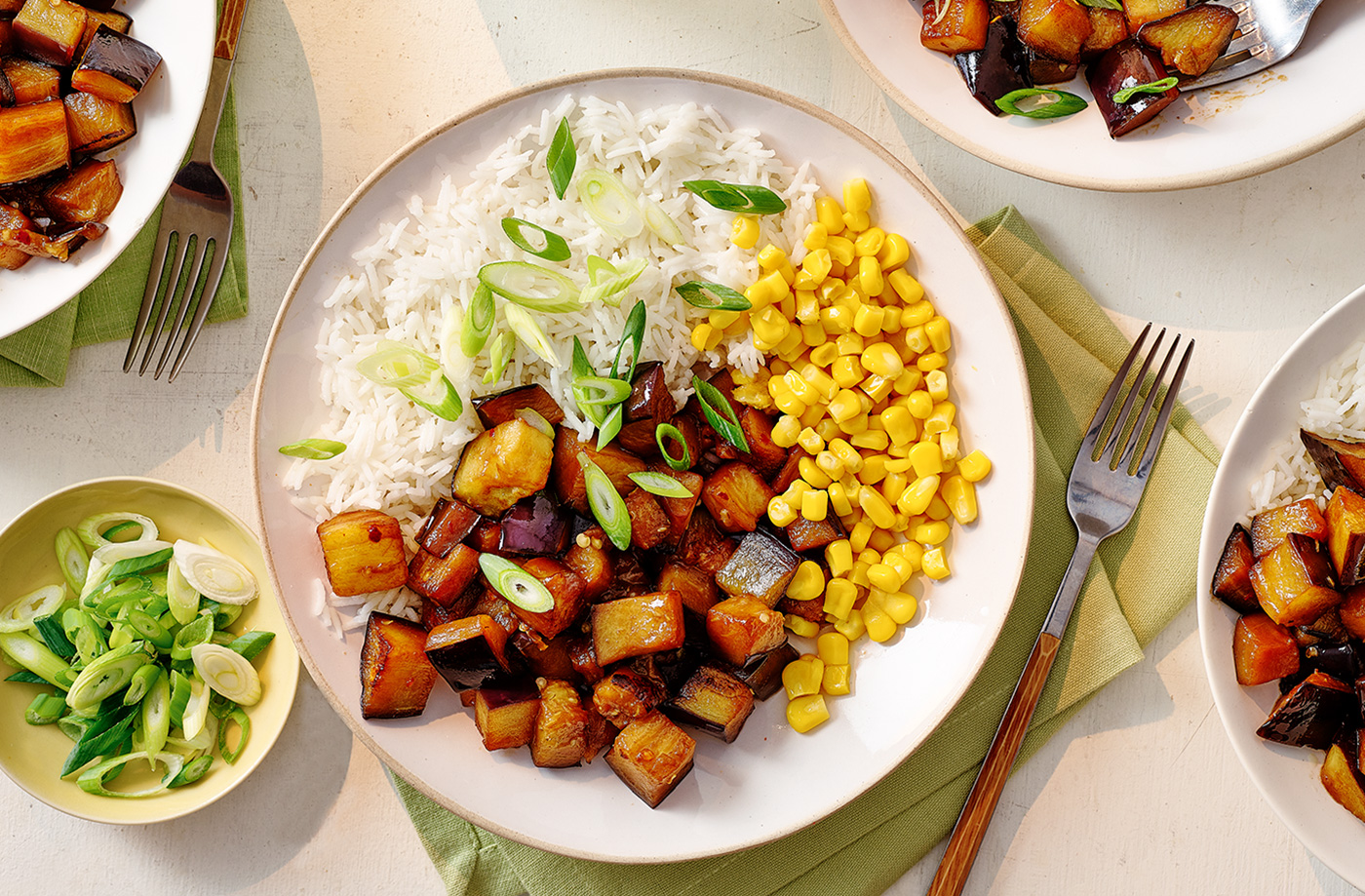 Honey soy aubergine stir fry with rice recipe