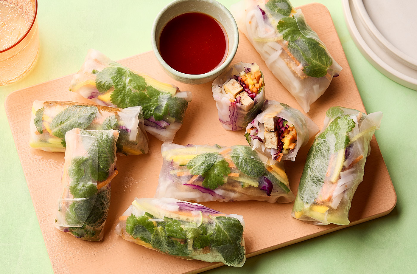 Tofu and rainbow veg summer rolls with sweet chilli sauce recipe