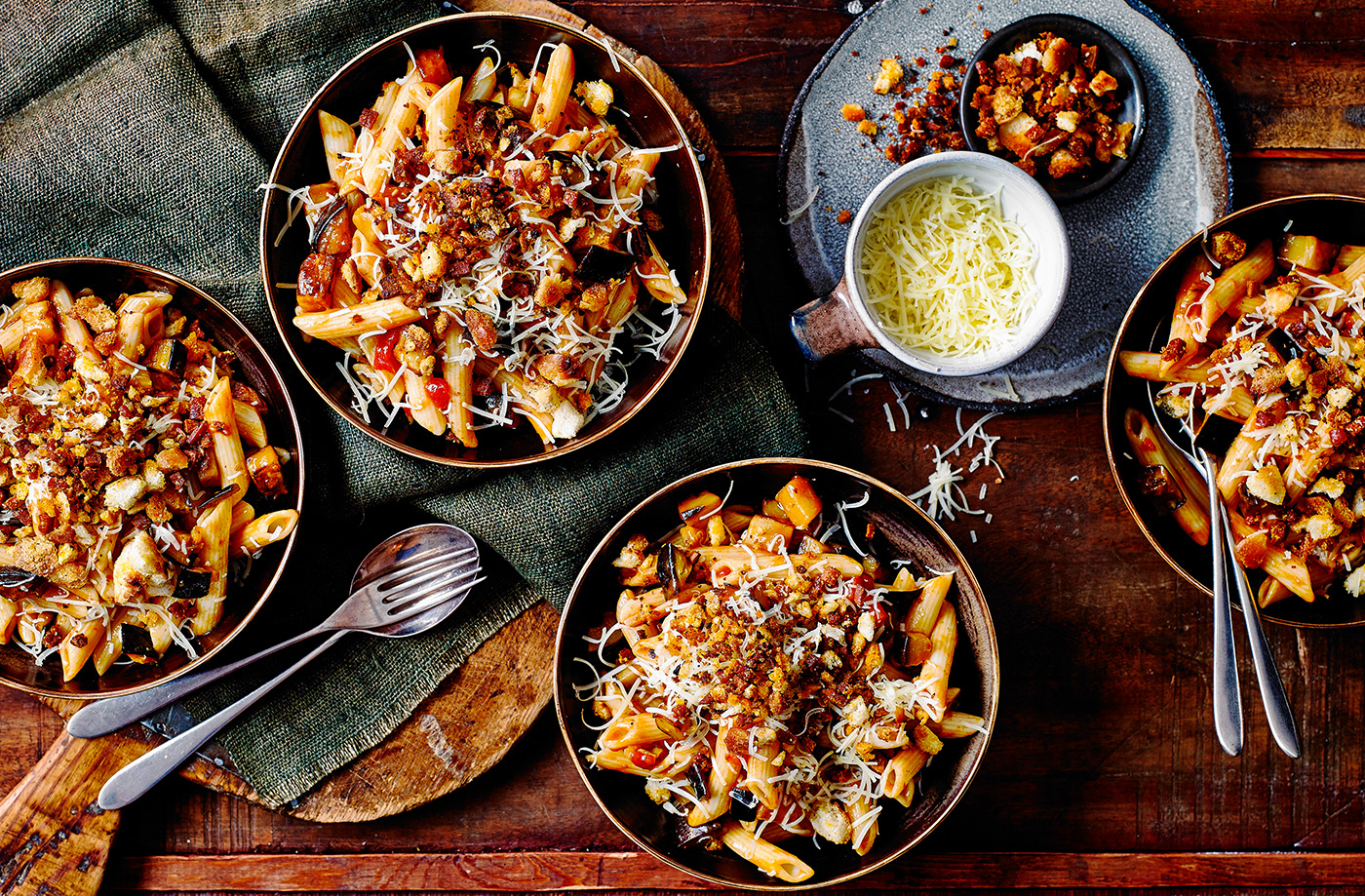 Tomato and aubergine pasta with chorizo breadcrumbs recipe
