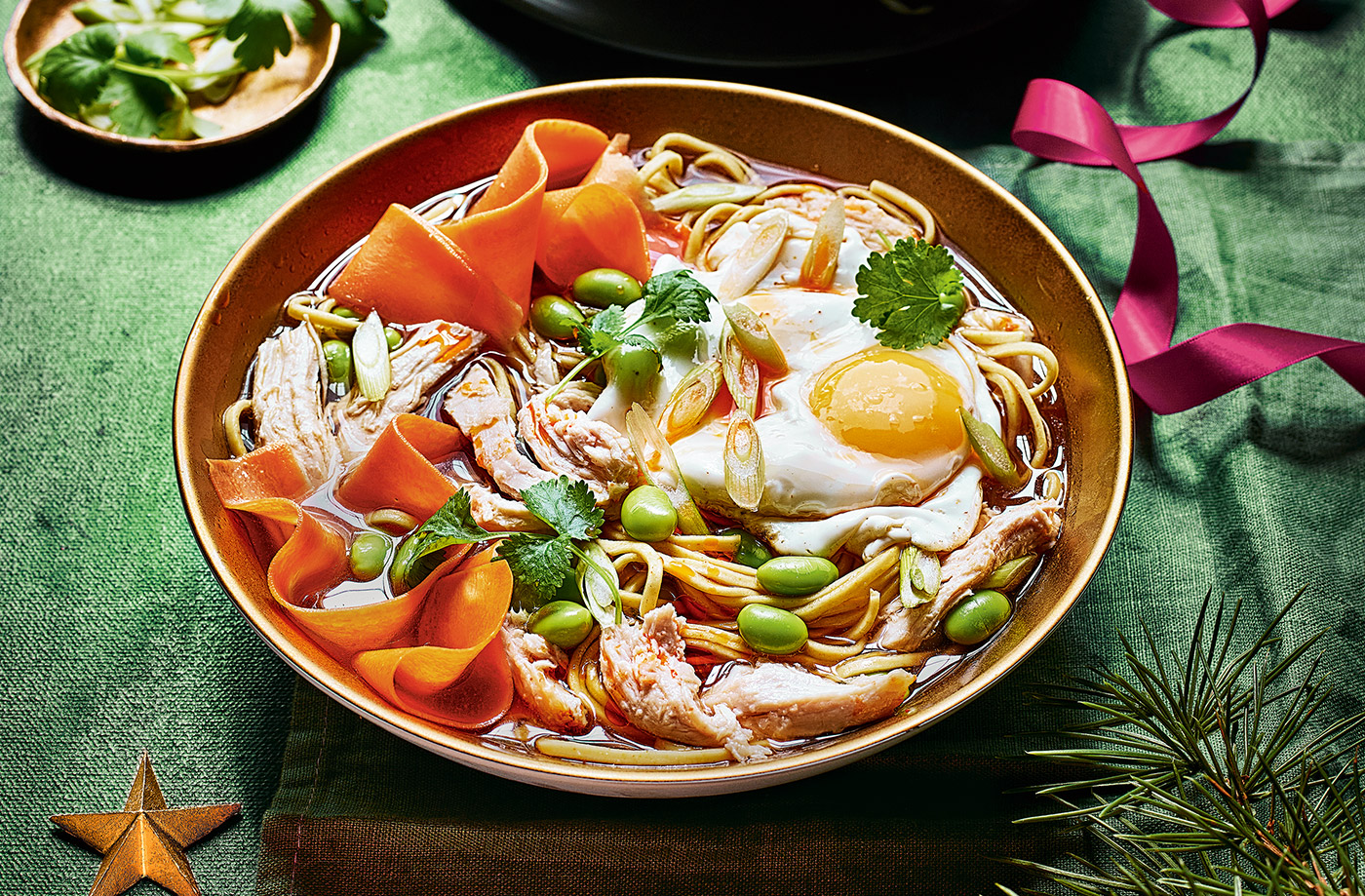 Turkey ramen with chilli-oil fried eggs recipe