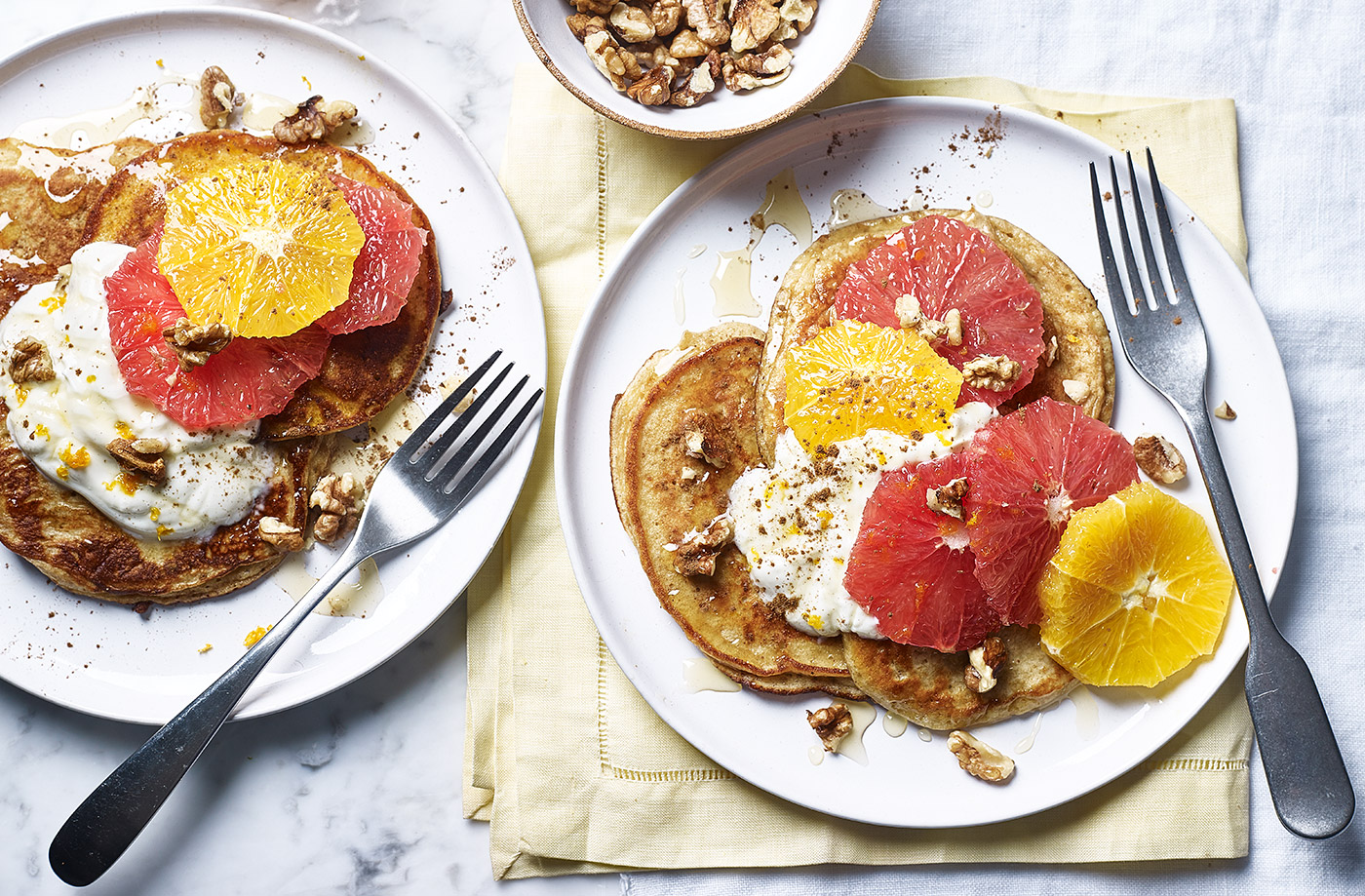 Yogurt and honey pancakes with citrus fruit recipe