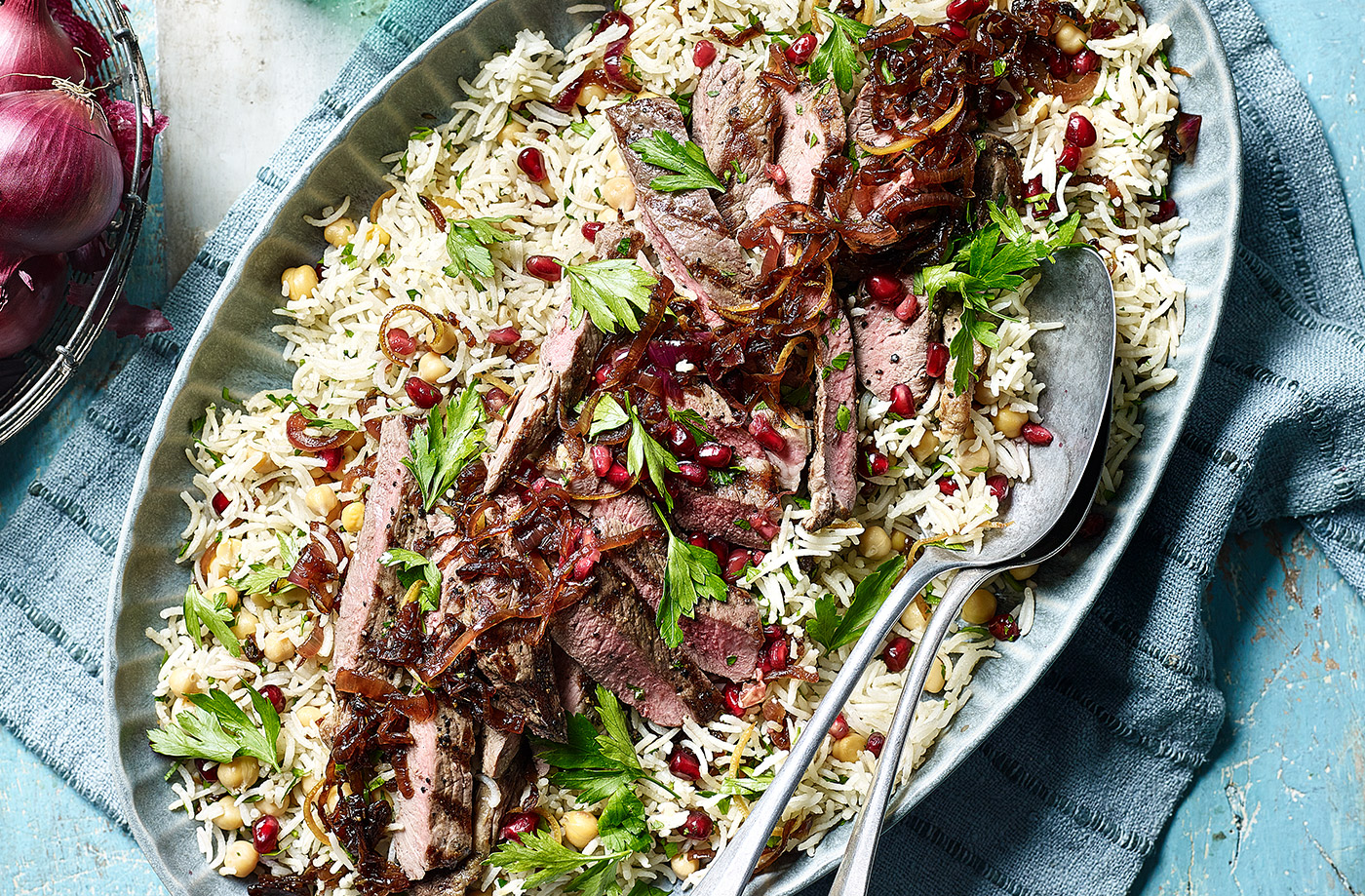 Jammy red onion and chickpea pilaf recipe