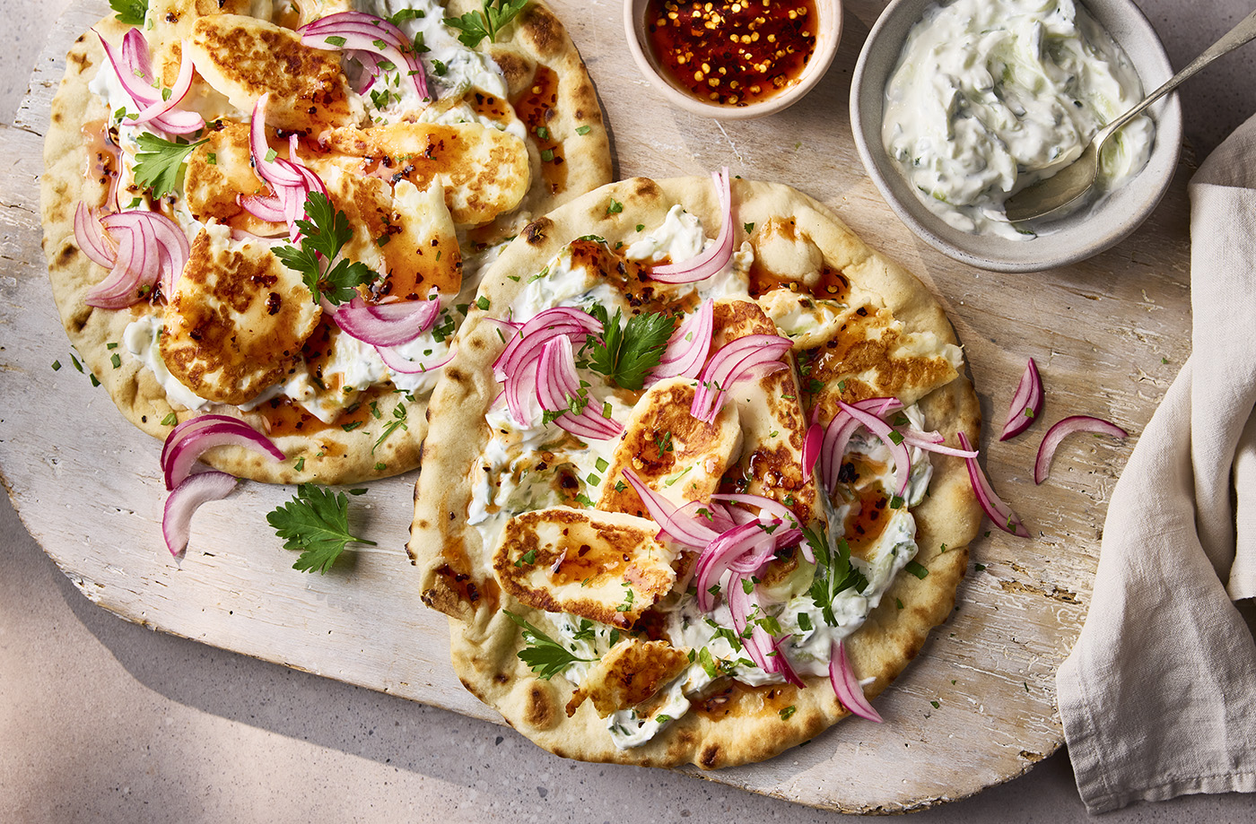 Hot honey halloumi flatbreads recipe