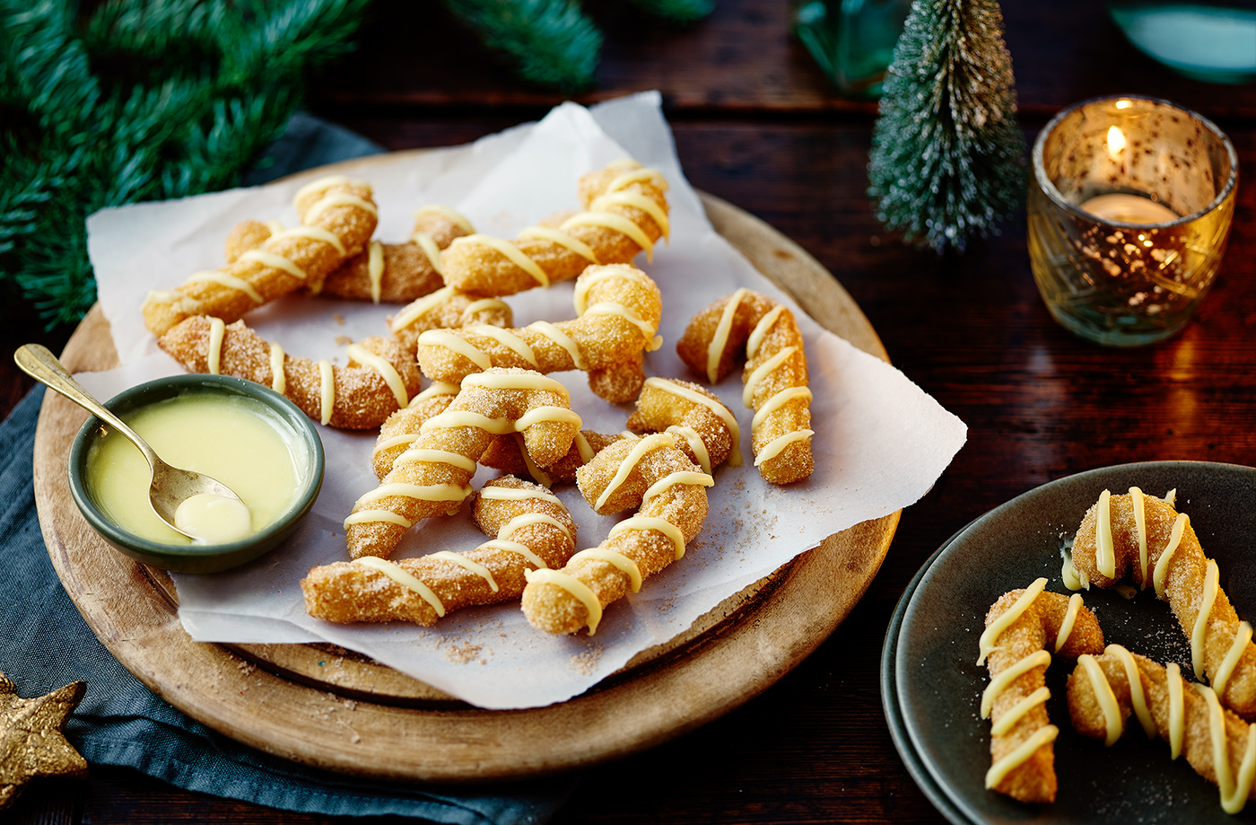 Candy cane churros with white chocolate sauce recipe