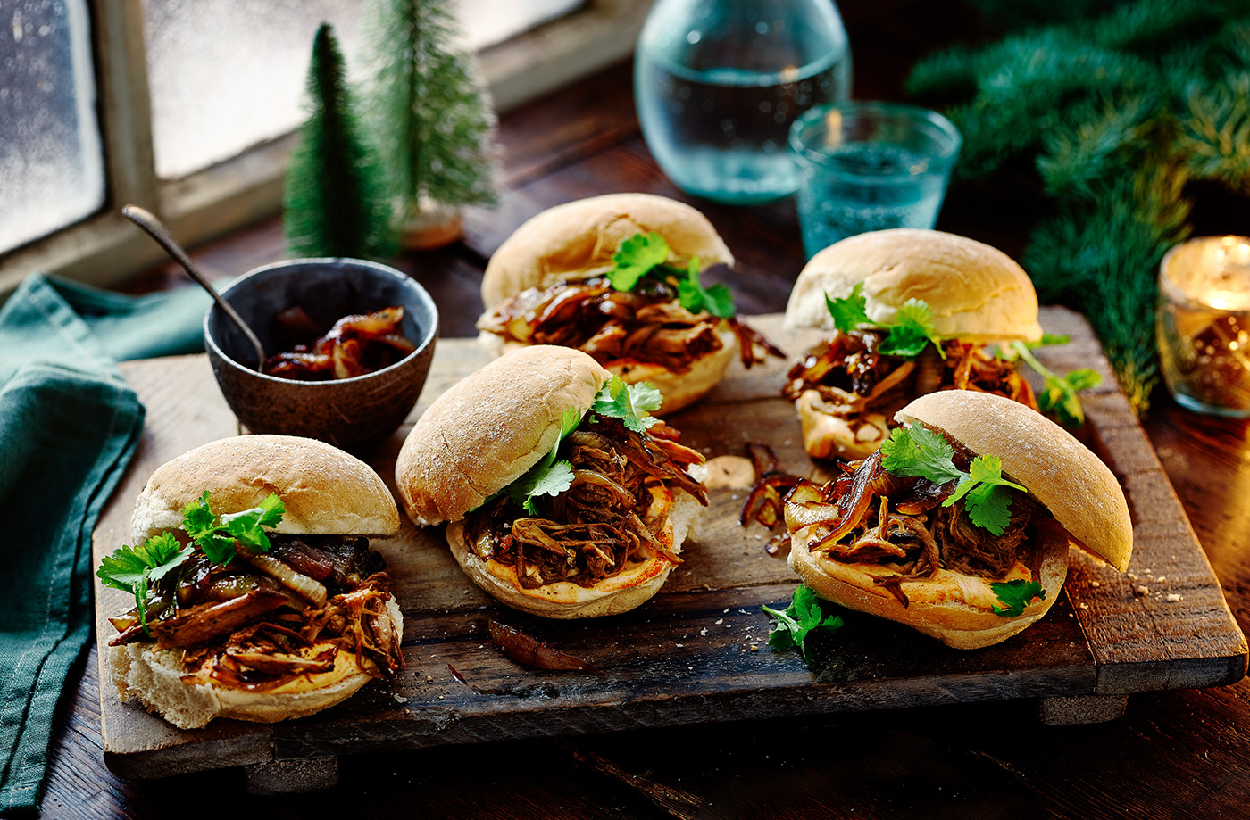 Spiced pulled pork sliders with balsamic onions recipe