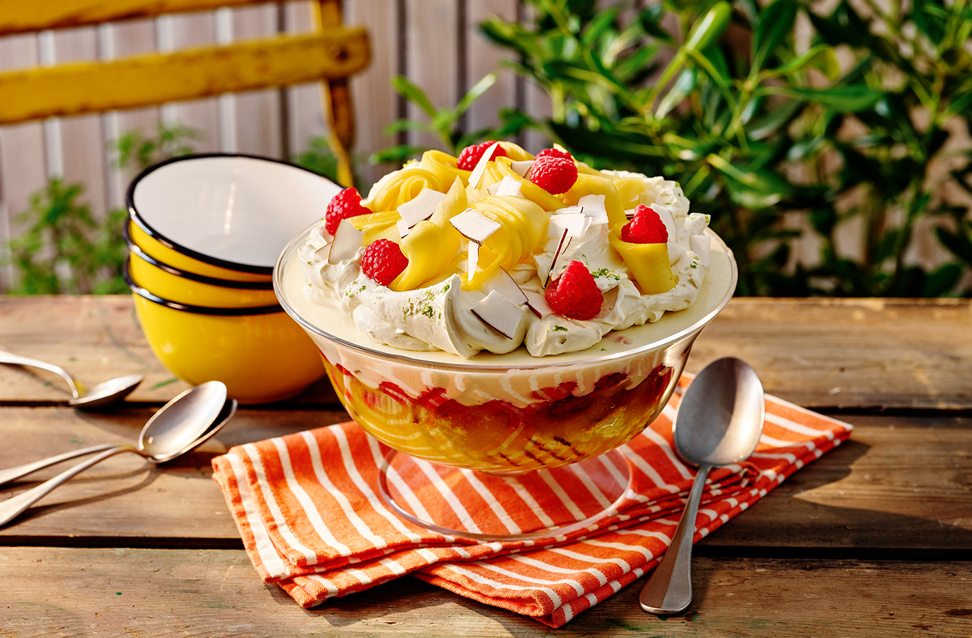 Coconut, mango and raspberry trifle recipe