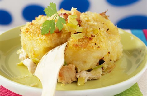 A cross between a chicken pie and a cottage pie, the mash in this dish is topped with gorgeously melty Gruyère cheese, while the filling is a mix of hearty, creamy chicken and veg. Can also be made ahead and frozen.