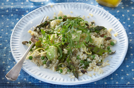 This dish is wholesome, delicious and packed with summery flavour. Combining nutritious quinoa and bulgar wheat with season's best grilled asparagus and peas, creamy avocado and pumpkin seeds  gives you a light meal that's sure to impress