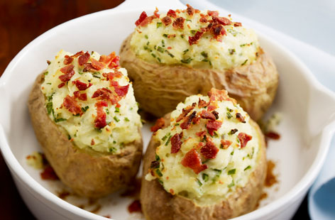 There's nothing quite like a baked potato and this filling is certain to become a new favourite with meat lovers. Bake the potatoes in the oven to get that lovely, crispy jacket, then fry up some bacon bits and add on top of the soured cream and chives mix.