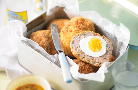 Going on a picnic and want something to bring something homemade to the blanket? Try these Scotch eggs. English mustard brings a lovely bit of heat to the pork. Enjoy with piccalilli and a chunk of Cheddar cheese.