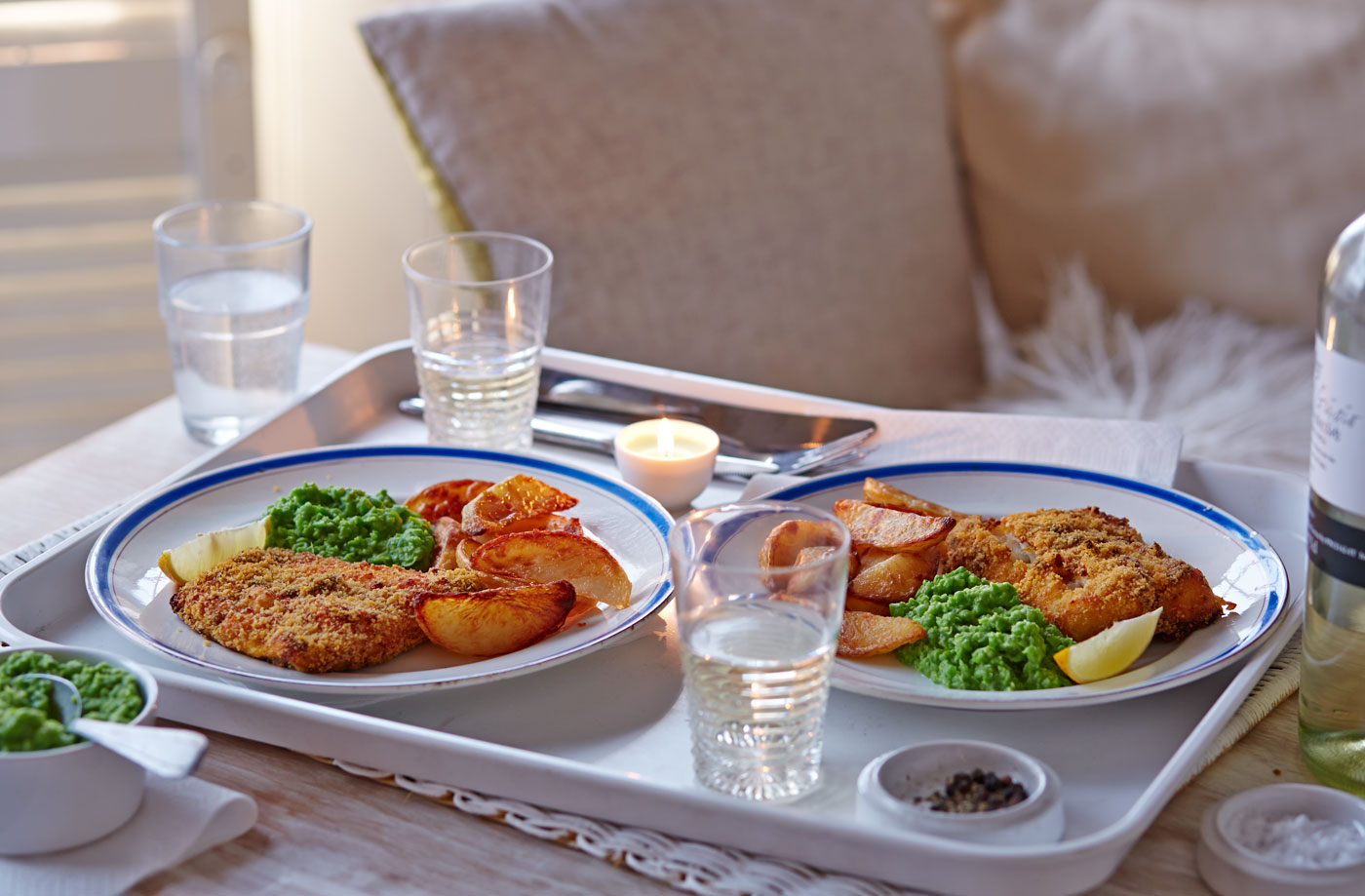 Masala fish and chips with mushy peas recipe