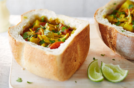 Warming dishes to cook on a rainy summer’s day, bunny chow is a South African dish originating in Durban’s Indian community, consisting of a hollowed-out loaf filled with curry. The bread soaks up the juices and is just delicious!