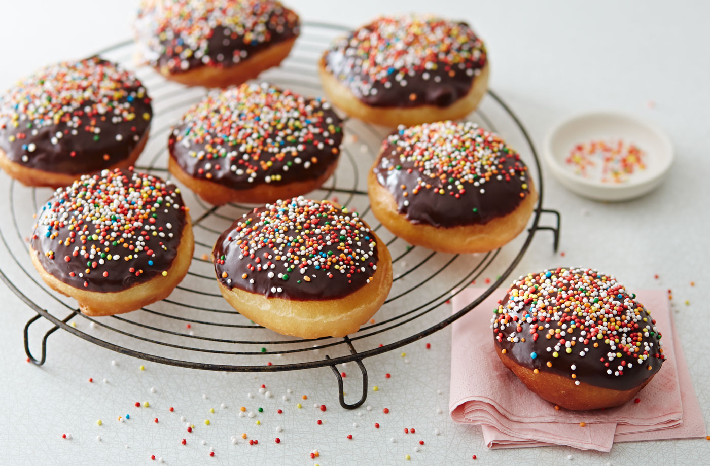 Chocolate dipped doughnuts with sprinkles recipe