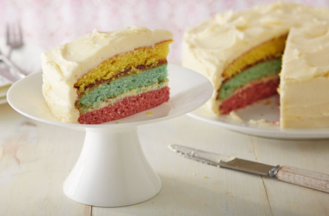 This beautifully coloured layer cake is perfect for a child’s birthday party – the bright colours exposing themselves as you cut into the cake